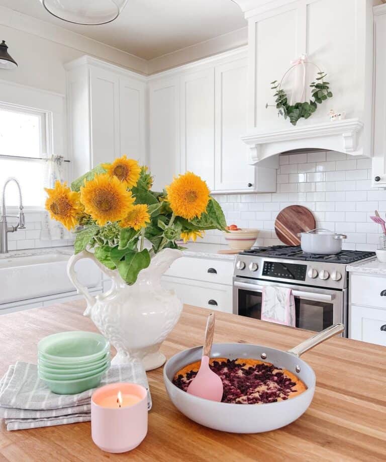 White Cabinets and Simple Sunflower Décor