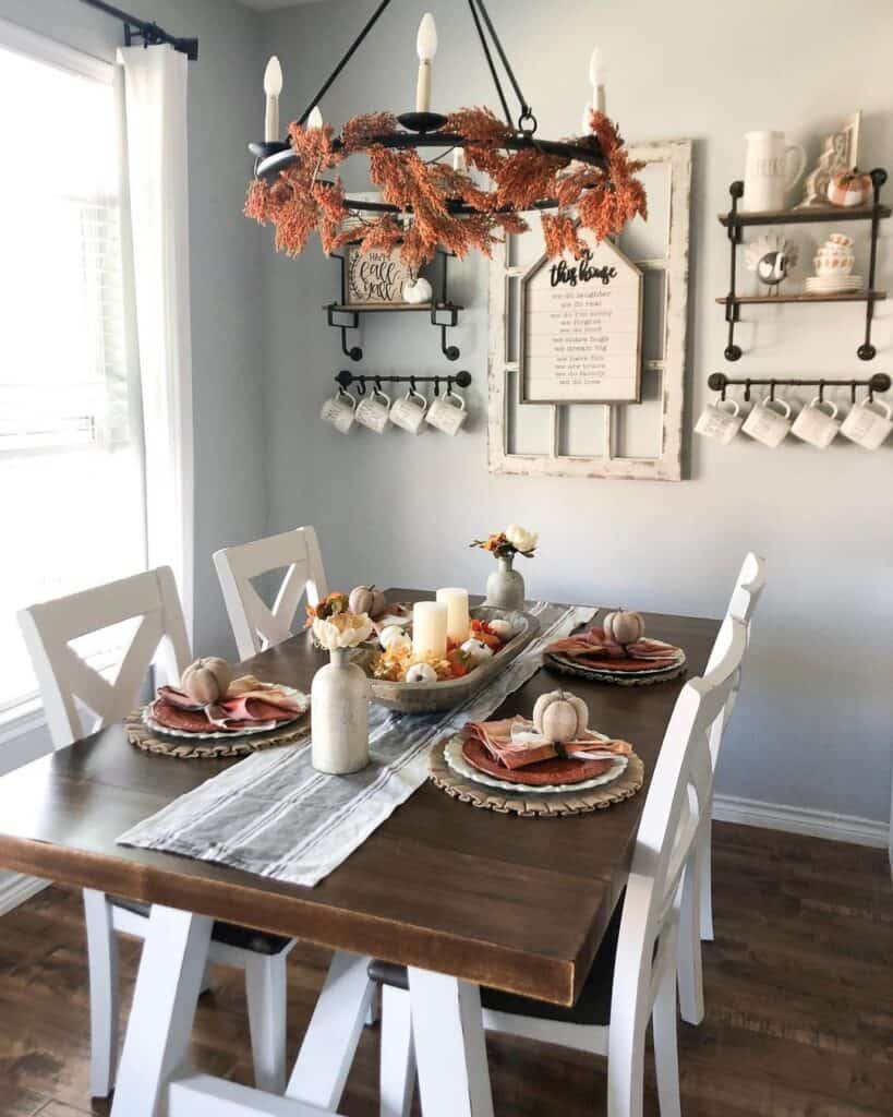 White Dining Chairs and a Wood Dining Room Table