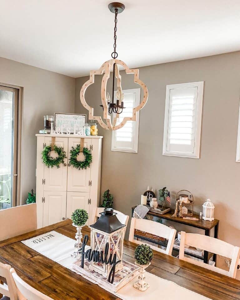 White Dining Room Corner Hutch with Wreaths
