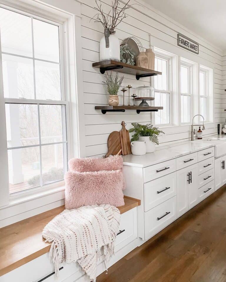 White Farmhouse Kitchen with Pink Decorated Nook
