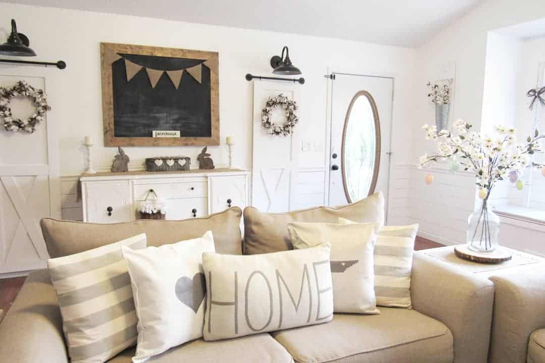 White Farmhouse Living Room with Doors Soul & Lane