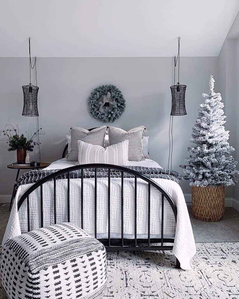 White Floor Pouf and a Pine Tree in a Wicker Basket