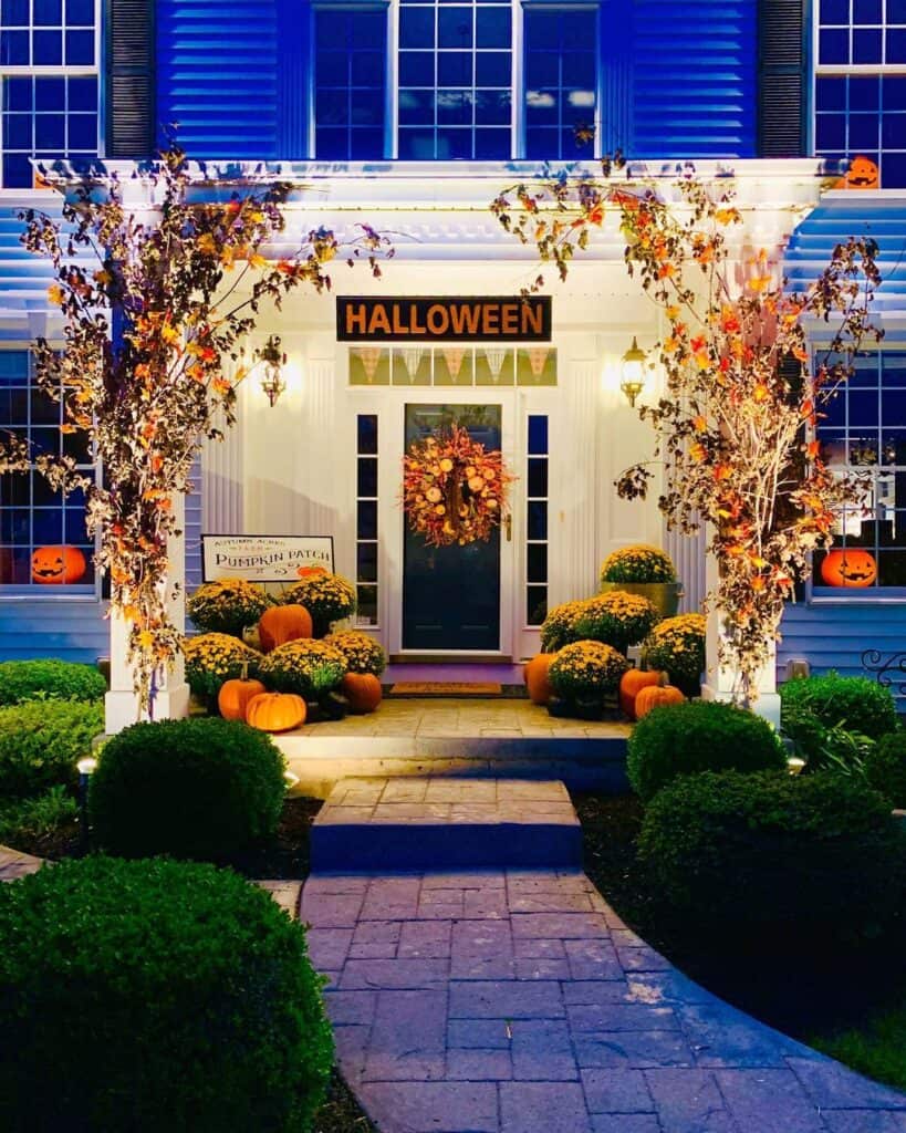 White Front Porch with Halloween Display