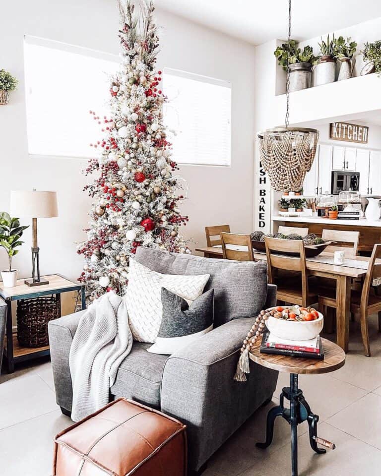 White Frosted Christmas Tree with Red Ornaments