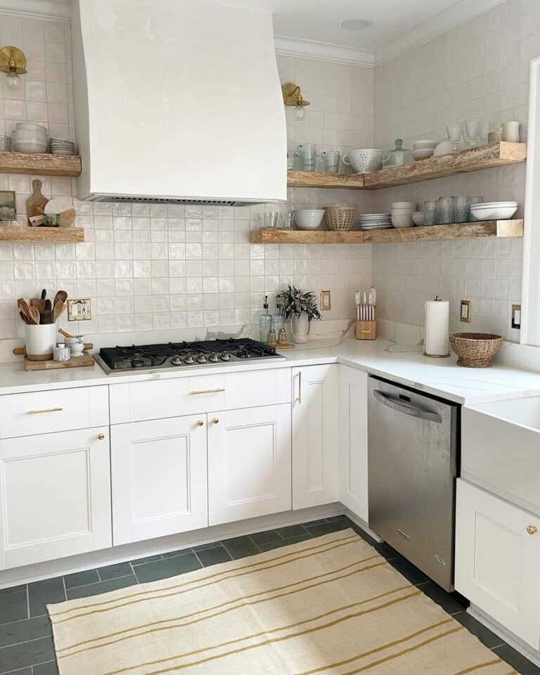 White Hood Between Wood Floating Corner Shelves