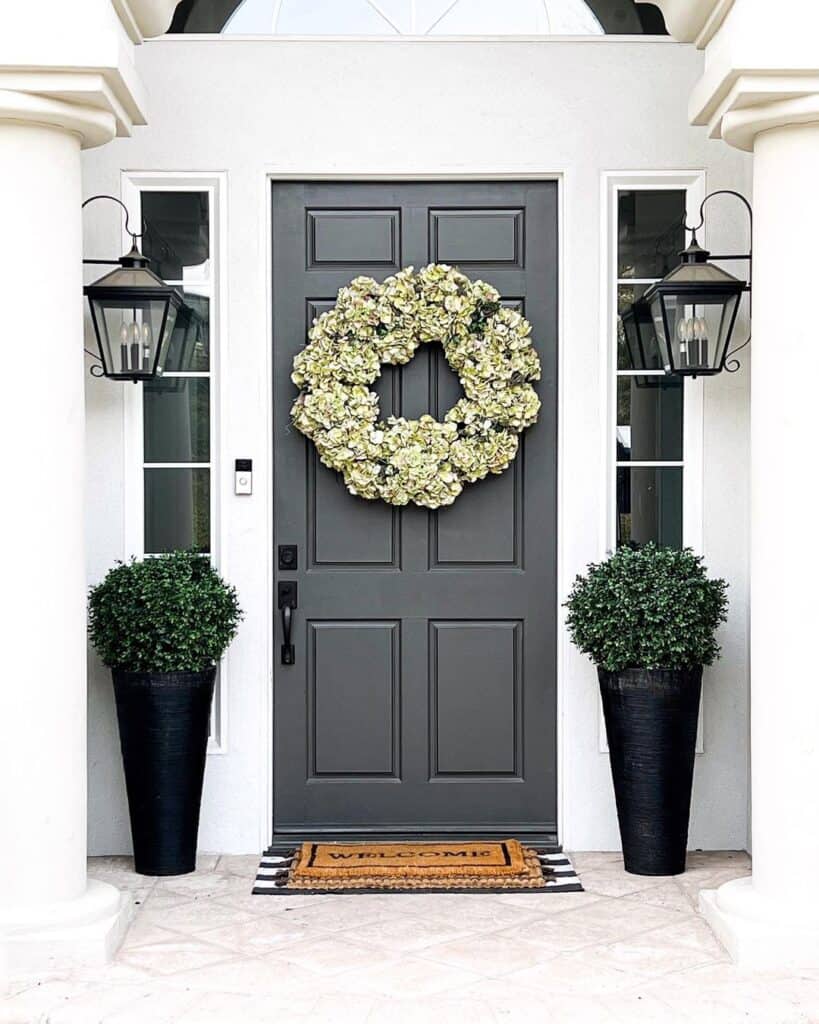 White Hydrangea Wreath on Front Door with Sidelights