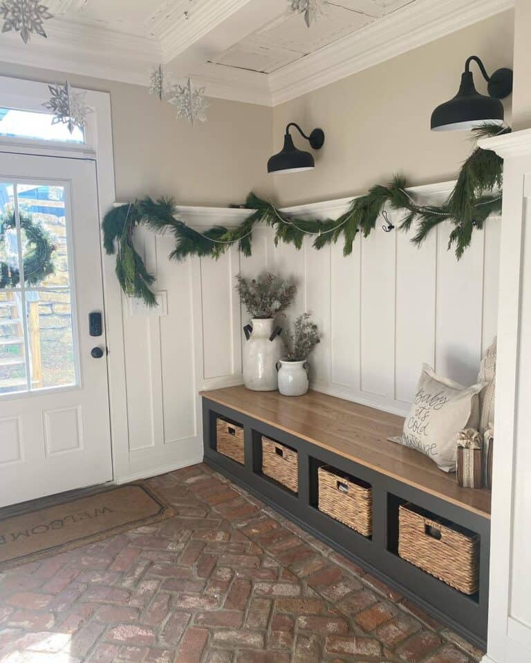 White Jugs on a Long Entryway Bench With Storage