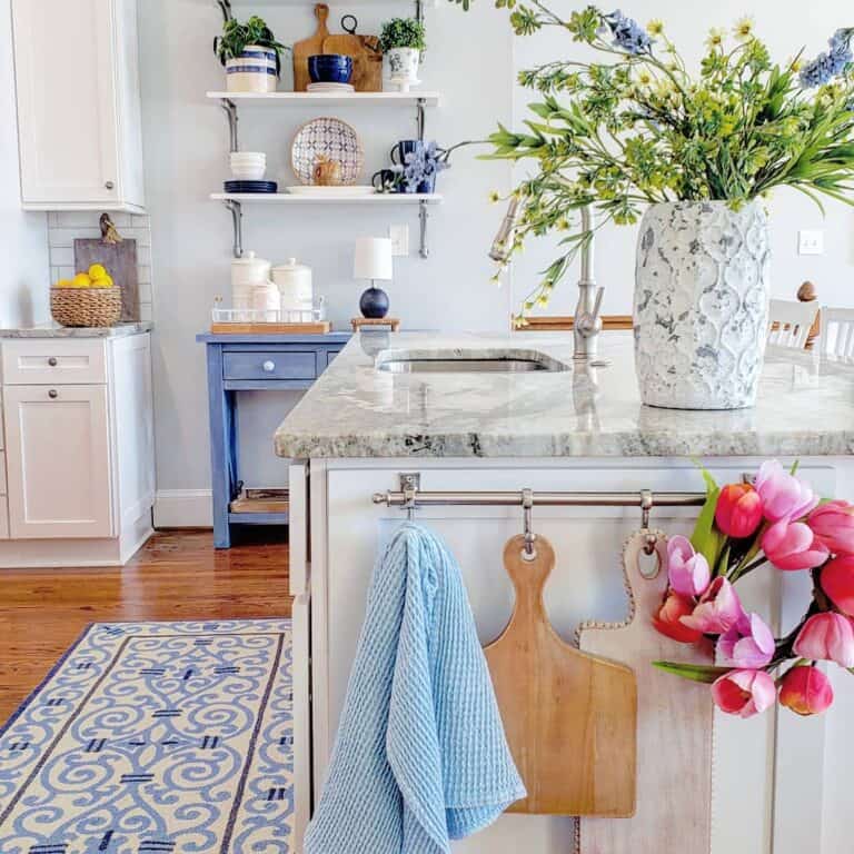 White Kitchen Cabinets and Blue Sideboard