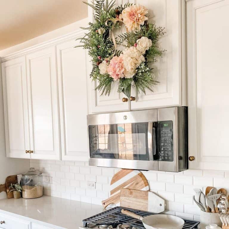 White Kitchen with Pink Peony Floral Wreath
