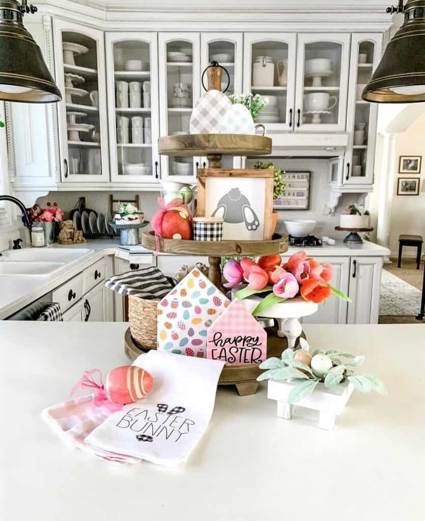 White Kitchen with Pink and Orange Spring Decorations
