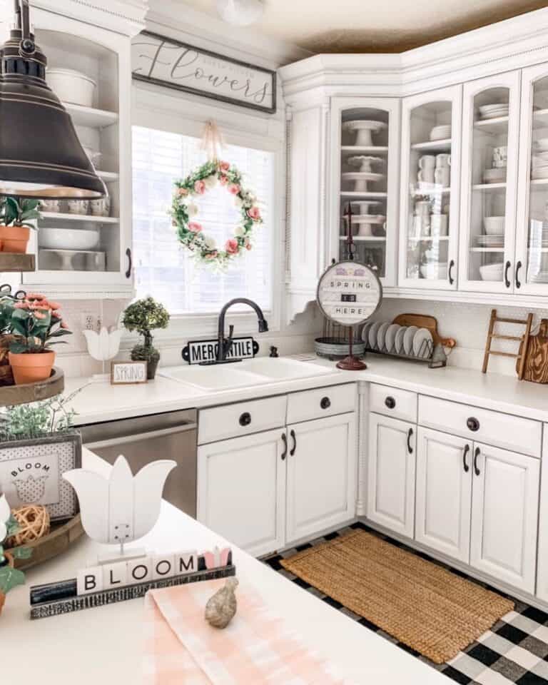 White Kitchen with Pink and White Spring Wreath