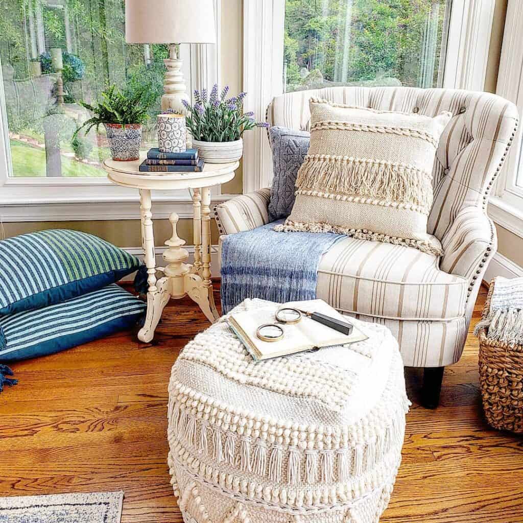 White Living Room Pouf on a Golden Wood Floor