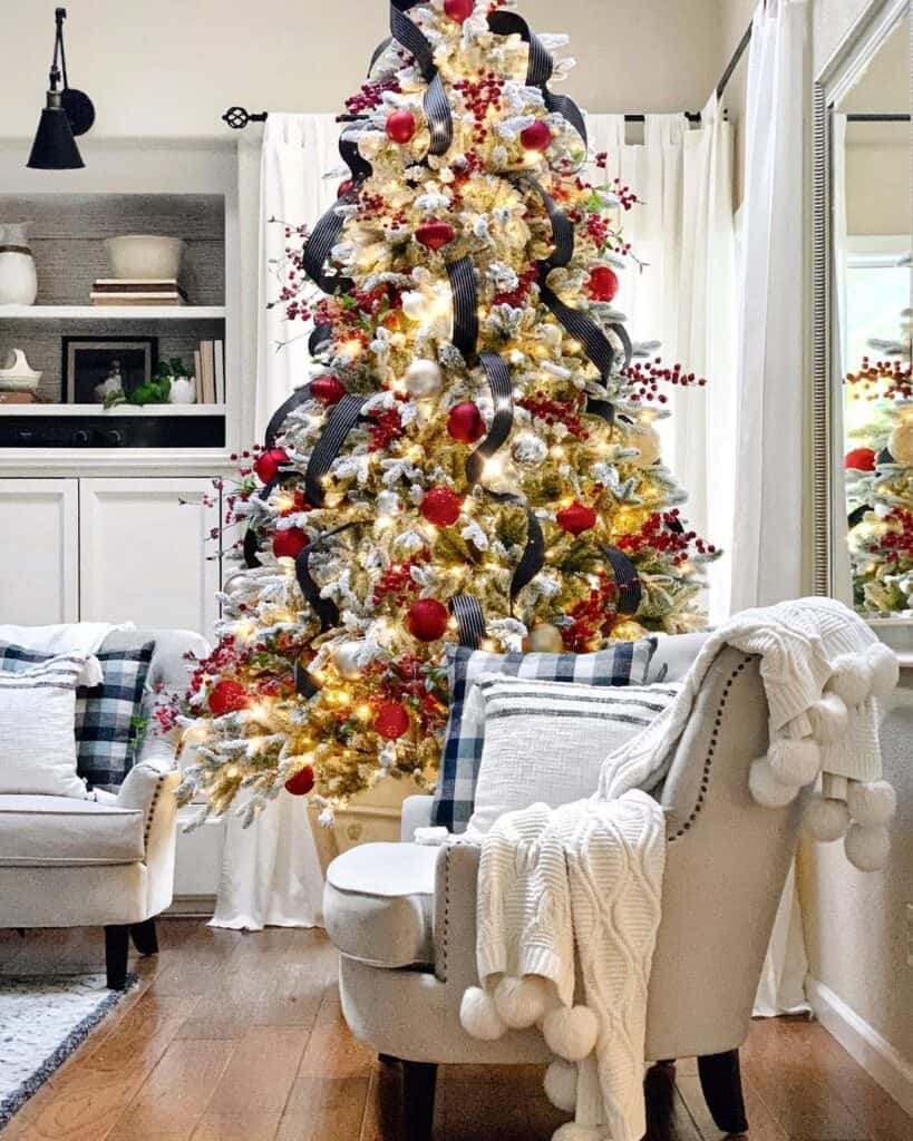 White Living Room with Black Christmas Tree Decorations