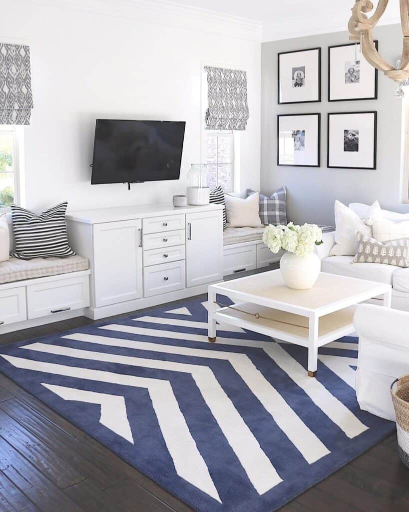 White Living Room with Dark Wood Flooring