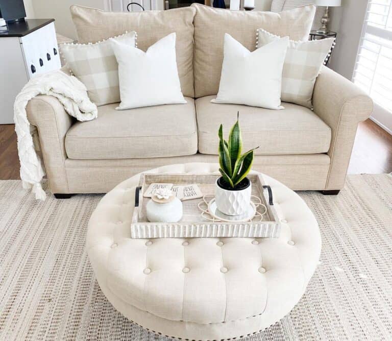 White Living Room with Ottoman Tray Decor