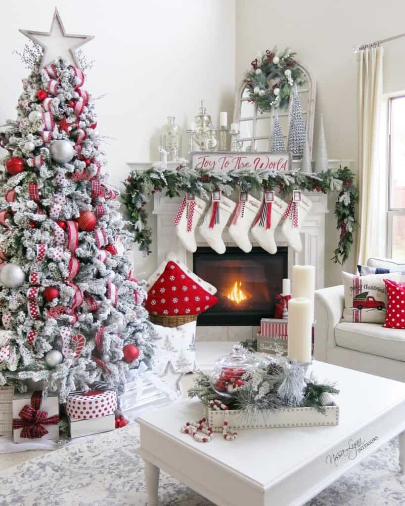White Living Room with Red Christmas Decor