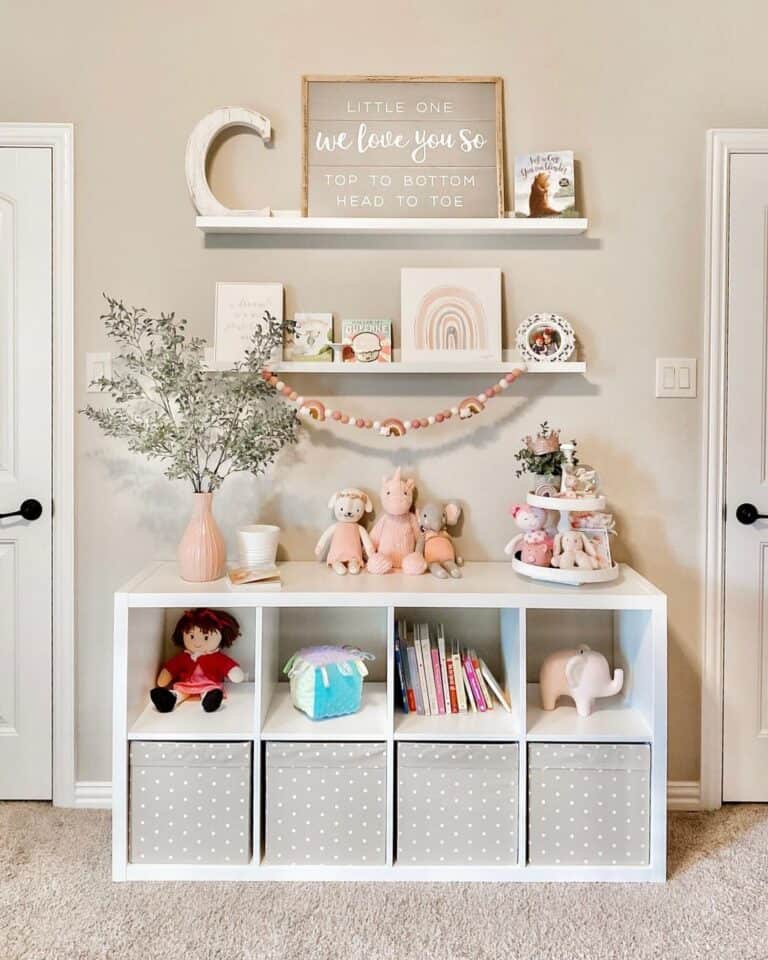 White Nursery Shelves with Storage Cubes