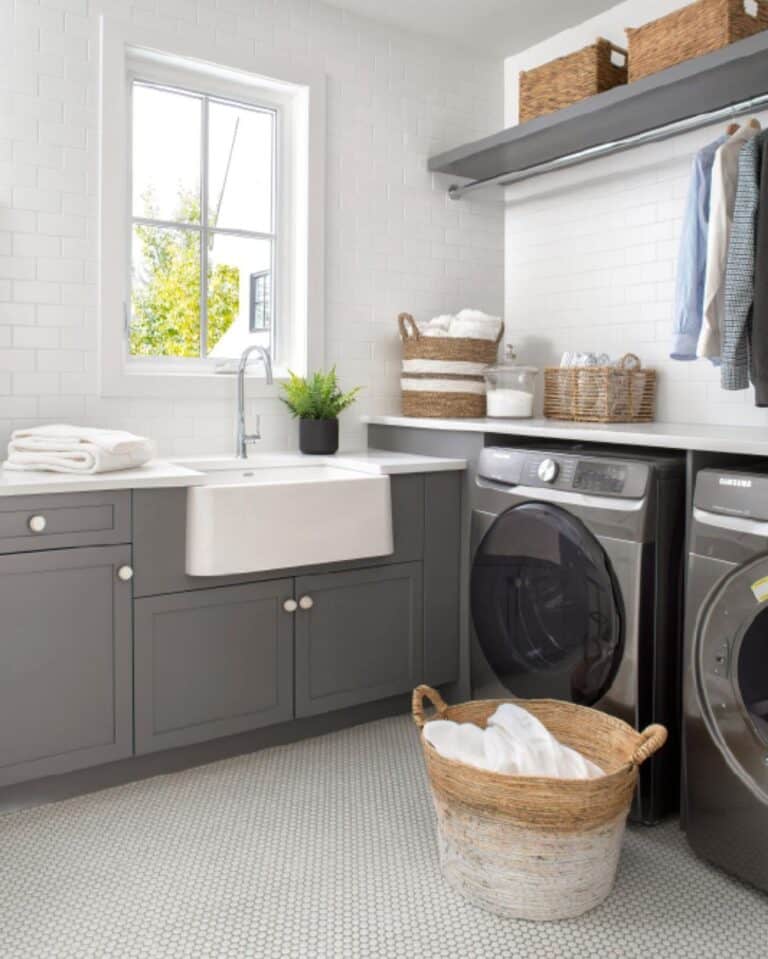 White Penny Tile Floor for Laundry Room