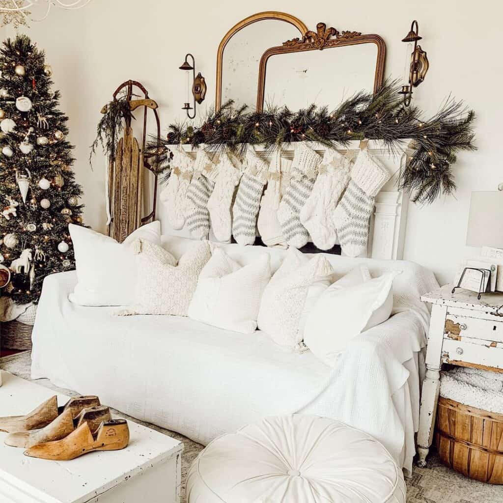 White Pillows and a Rustic White End Table