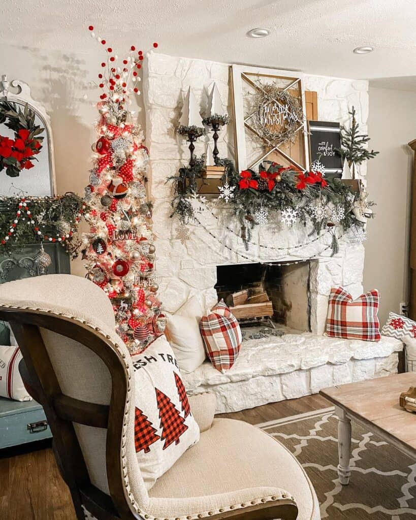 White Rock Fireplace with Flocked Pencil Christmas Tree