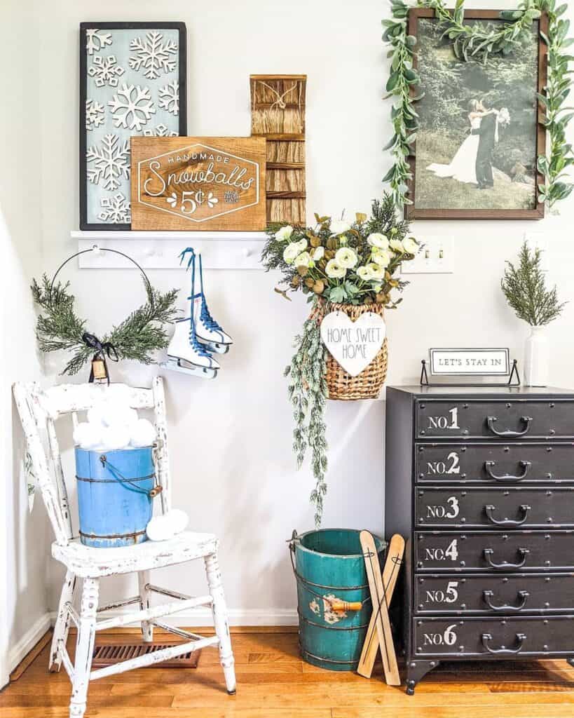 White Shelf with Wooden Christmas Decorations