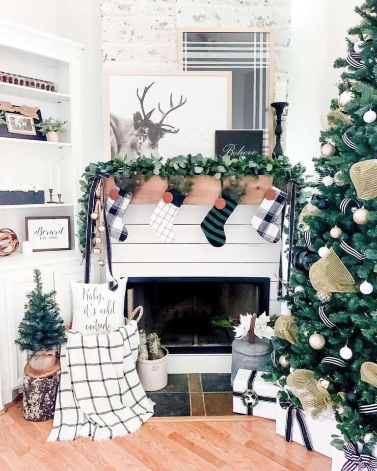 White Shiplap Fireplace with Patterned Stockings