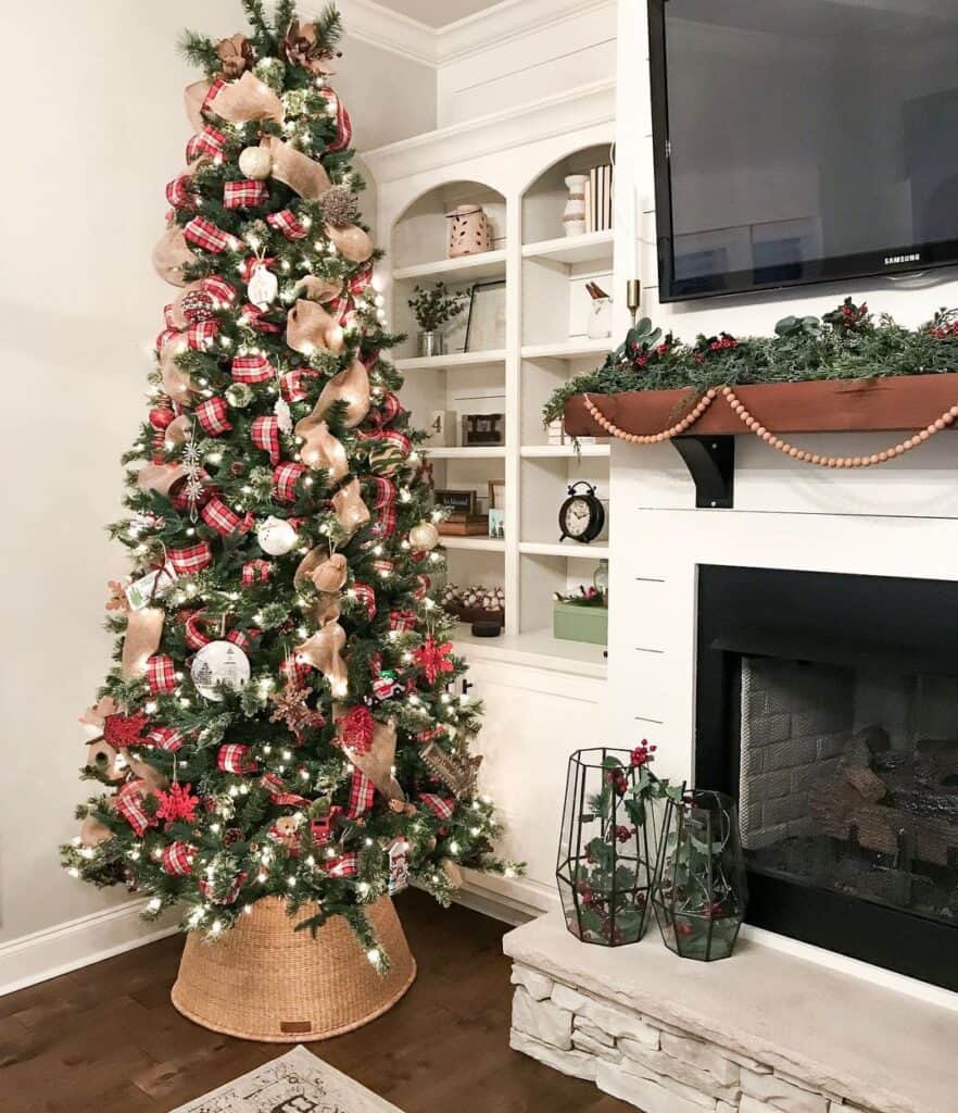 White Shiplap Living Room with Burlap Wrapped Christmas Tree