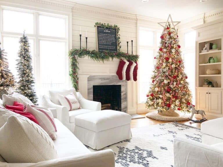 White Shiplap Living Room with Red and White Christmas Tree