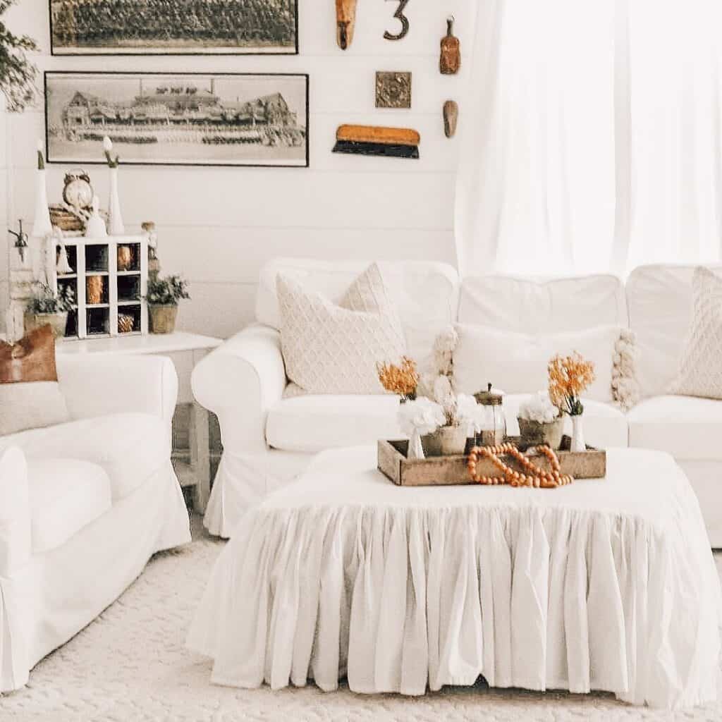White Shiplap Living Room with White Ottoman