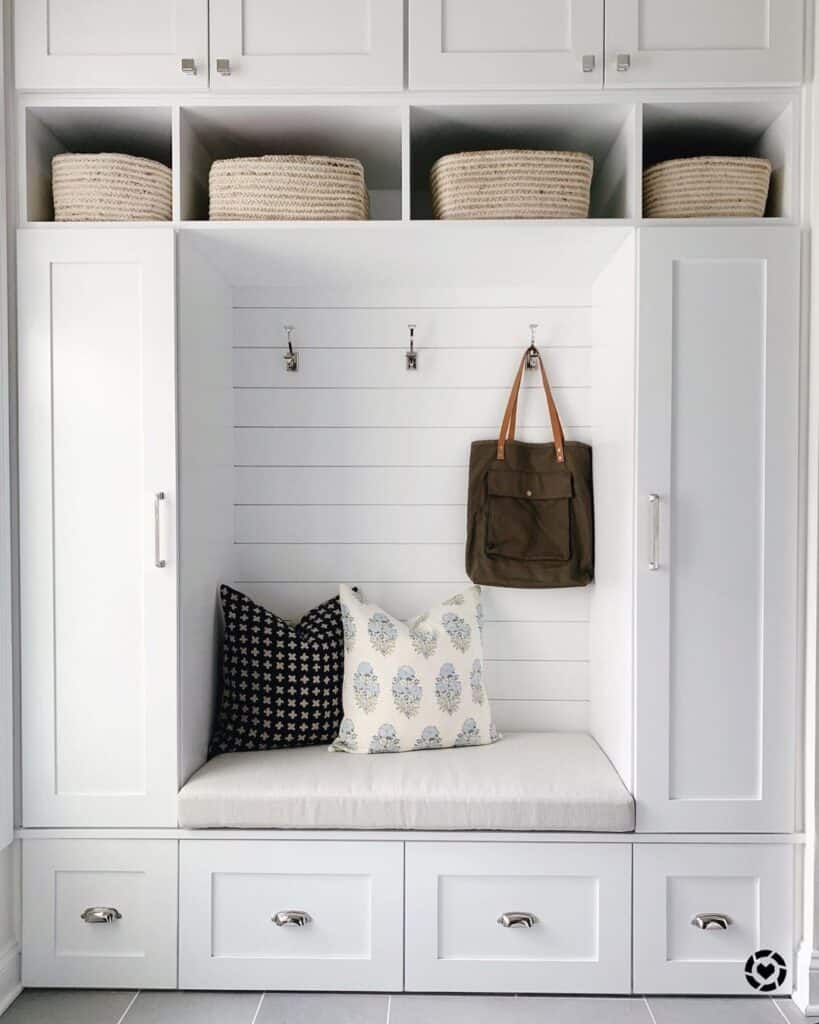 White Shiplap Mudroom Bench with Storage and Hooks