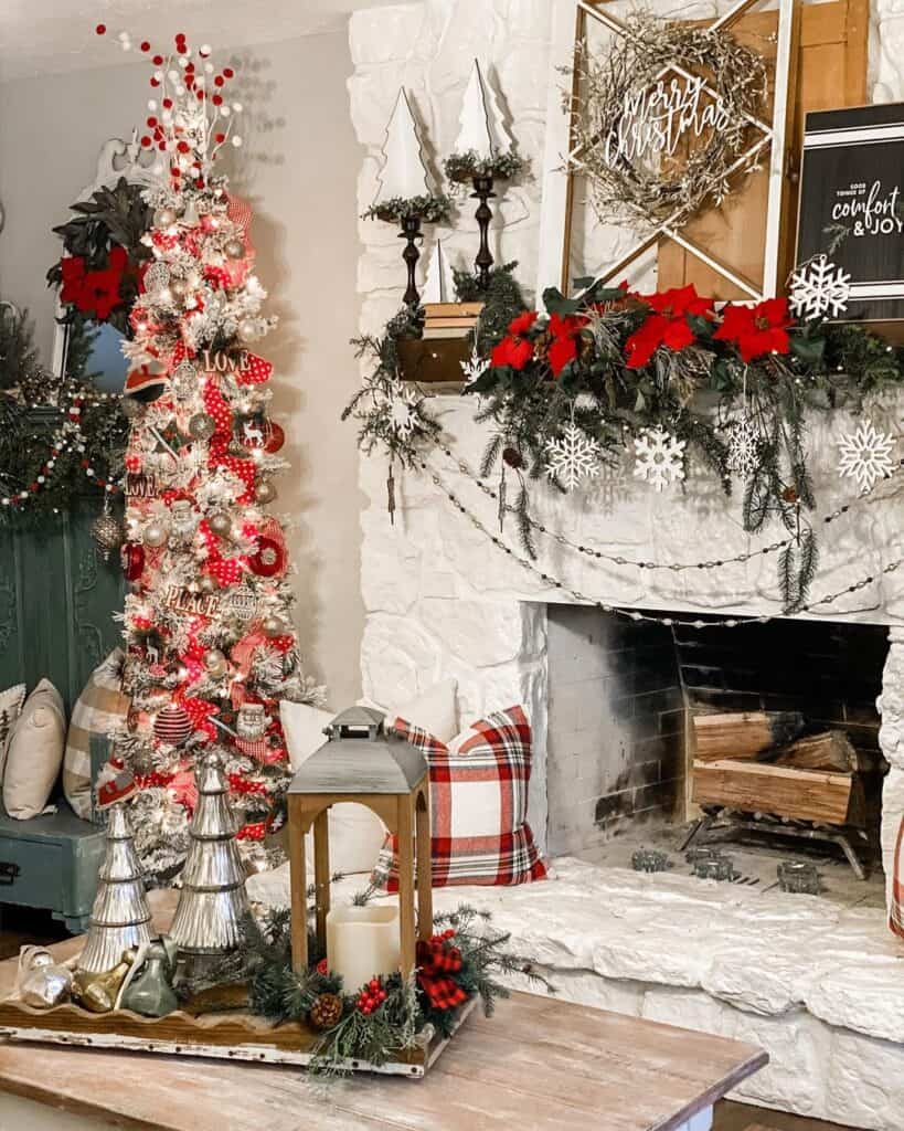 White Stone Fireplace with Dark Wood Mantel - Soul u0026 Lane