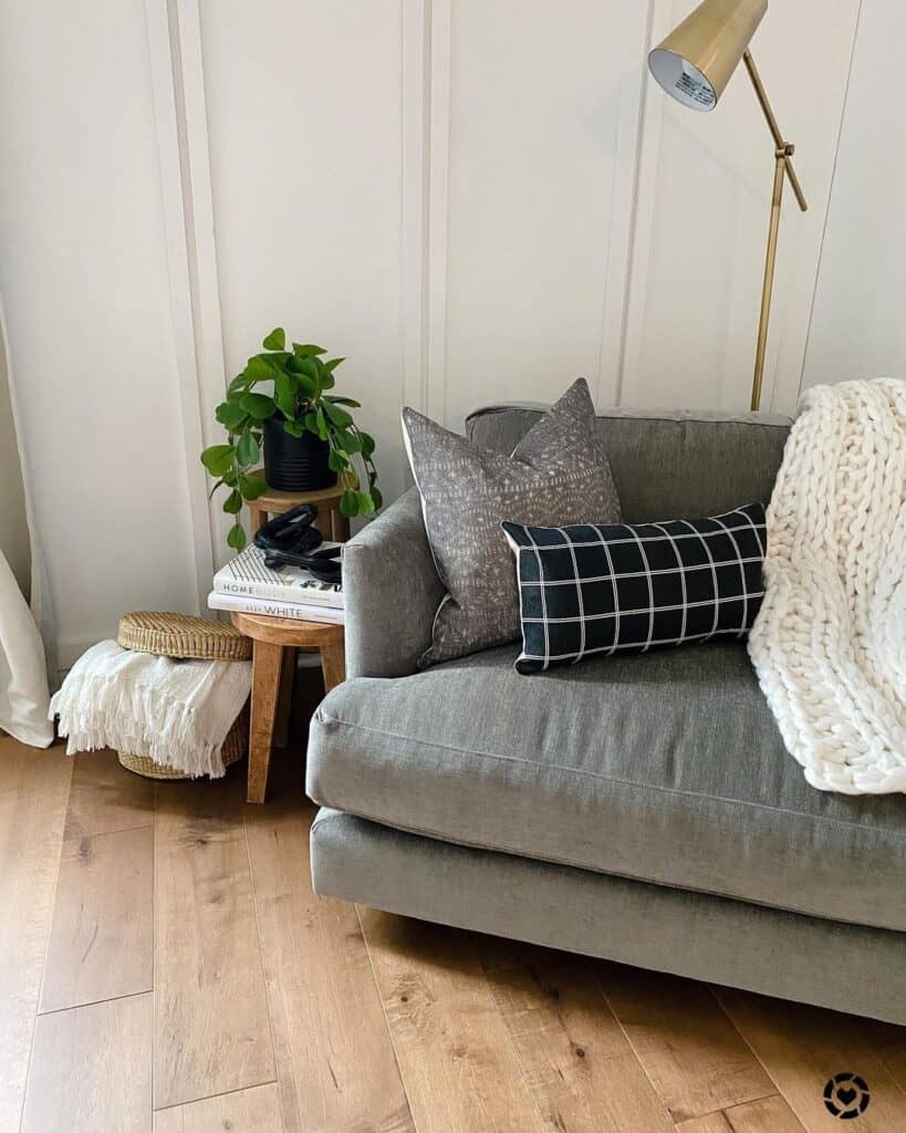 White Throw Blanket on Grey Couch