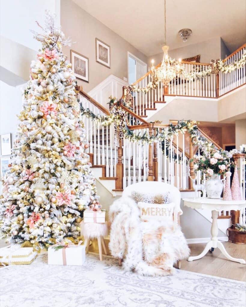 White Wainscoting Staircase with Christmas Decor