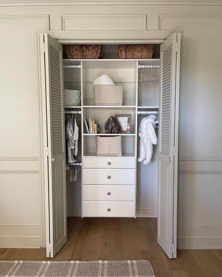 White and Beige Closet with Nursery Storage Bins