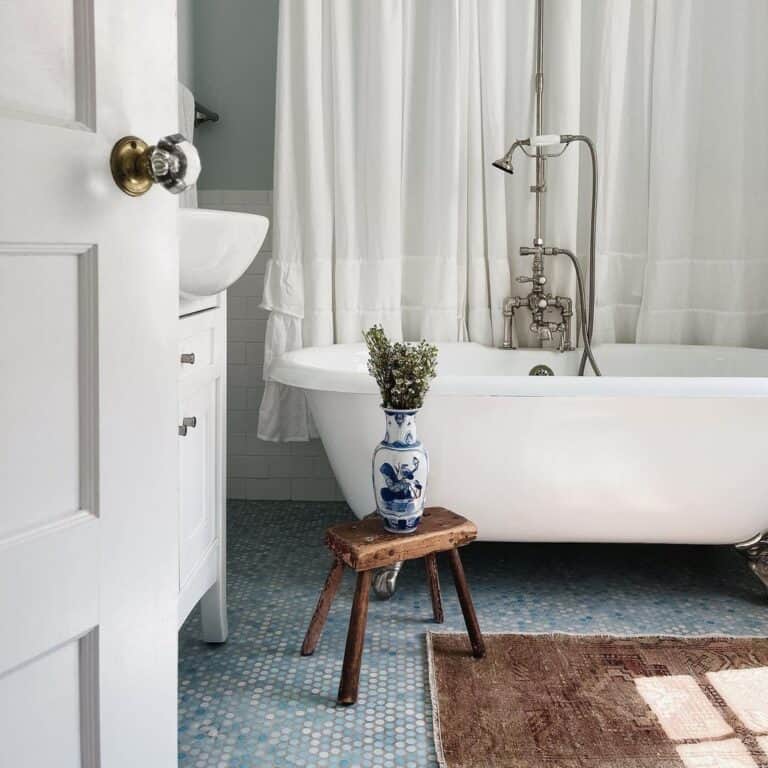 White and Blue Bathroom Penny Tiles