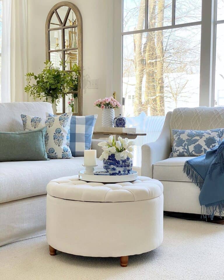 White and Blue Living Room with Ottoman Decor