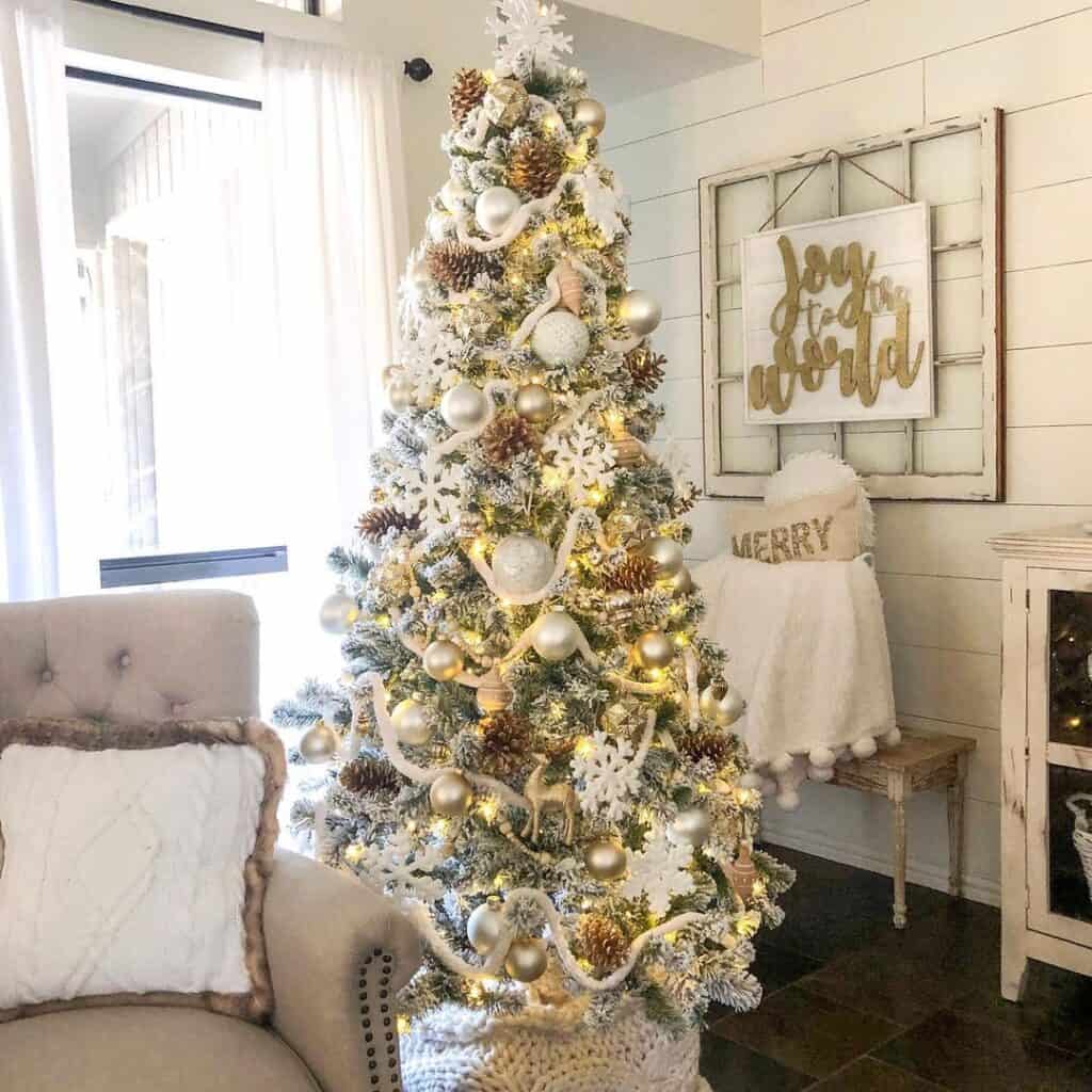 White and Gold Christmas Tree Decorations and a Deep Brown Tile Floor ...