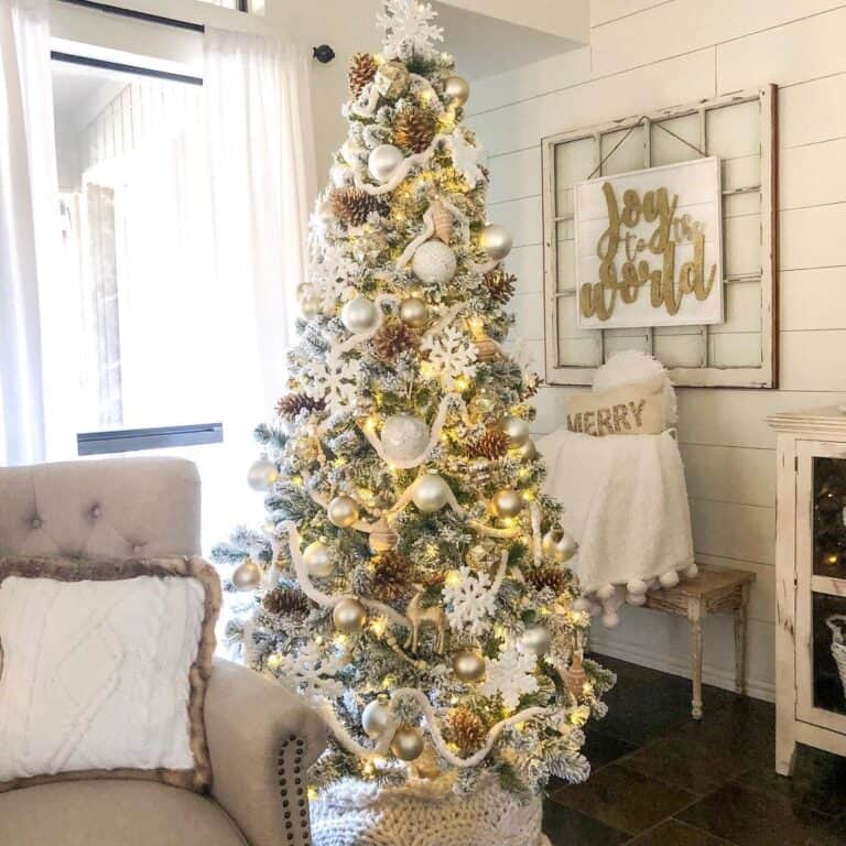 White and Gold Christmas Tree Decorations and a Deep Brown Tile Floor