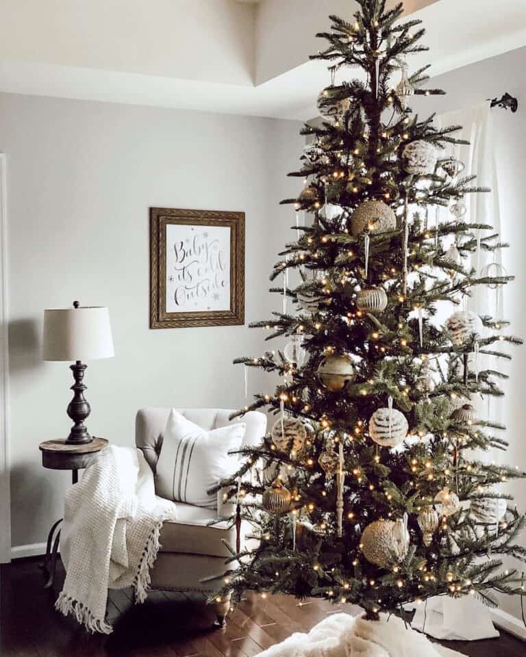 White and Gold Christmas Tree Decorations in Light Grey Living Room