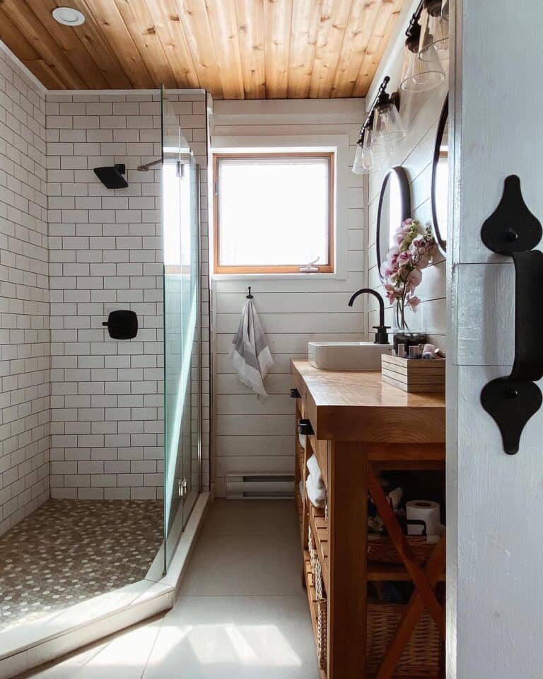 White and Gray Penny Tile Shower Pan