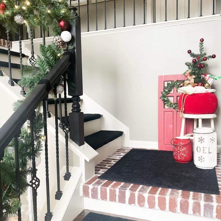 White and Red Christmas Stair Landing Decor