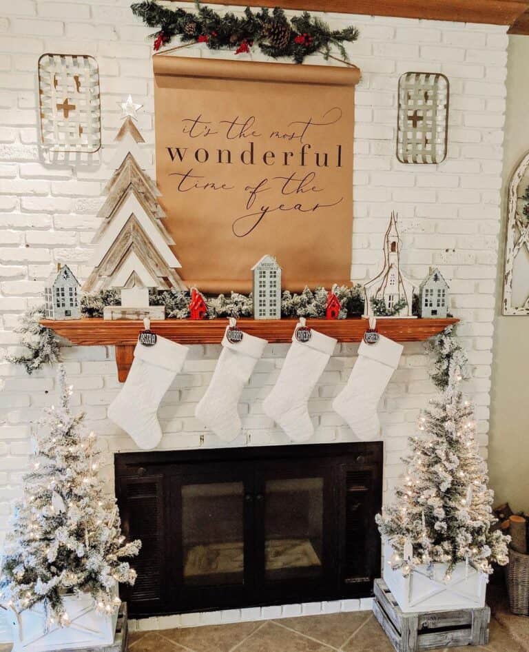 White and Wood Tree Decor for Fireplace