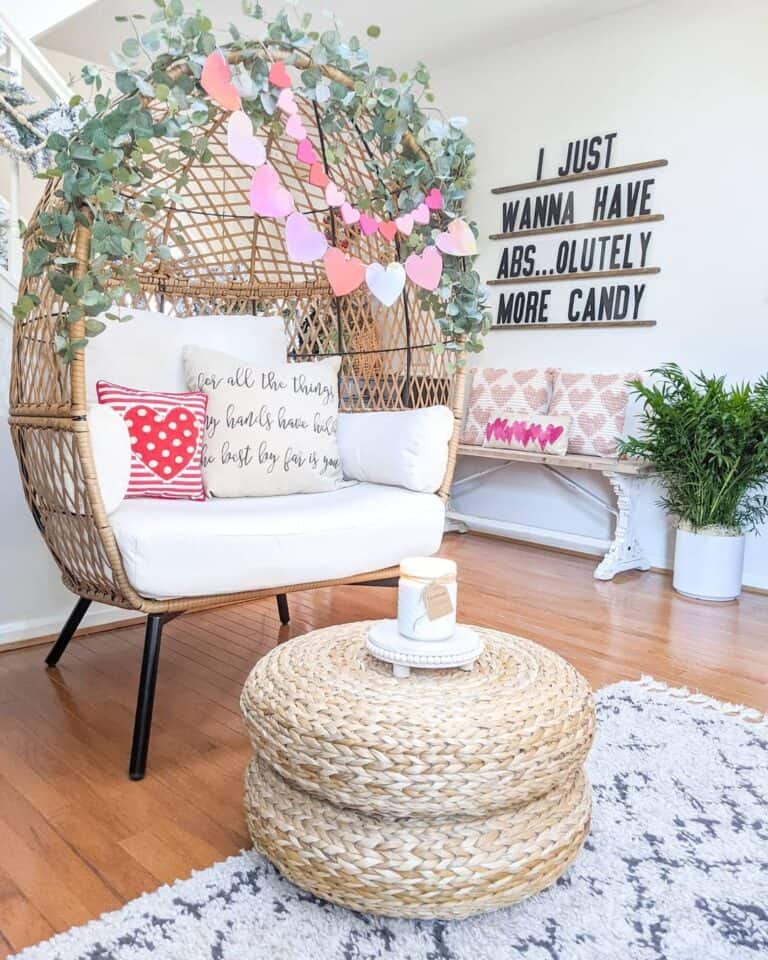 Wicker Egg Chair with Jute Round Pouf