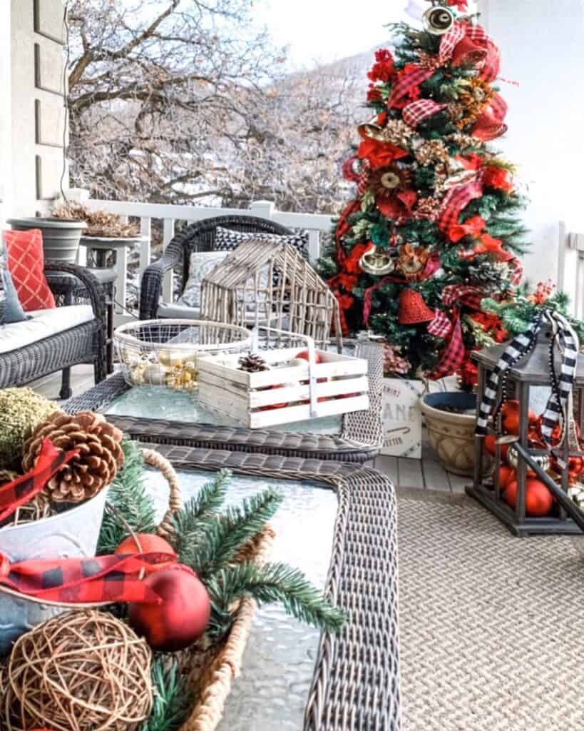 Wicker Furniture and Red Christmas Ornaments