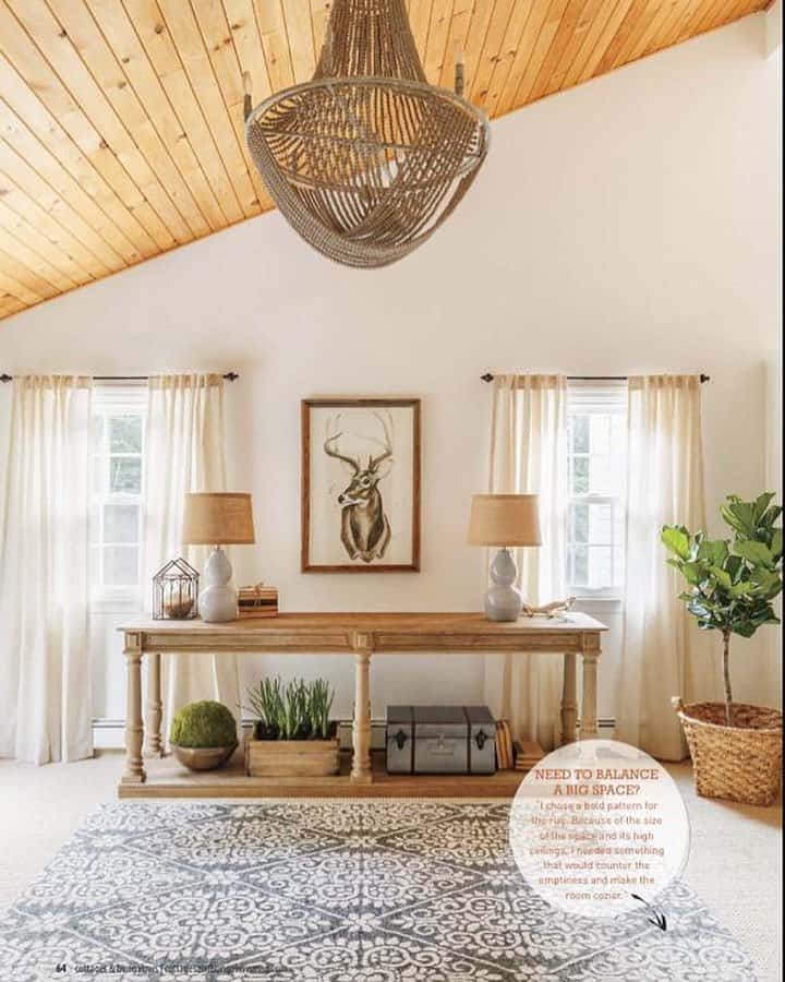 Wood Bead Chandelier on Slanted Ceiling