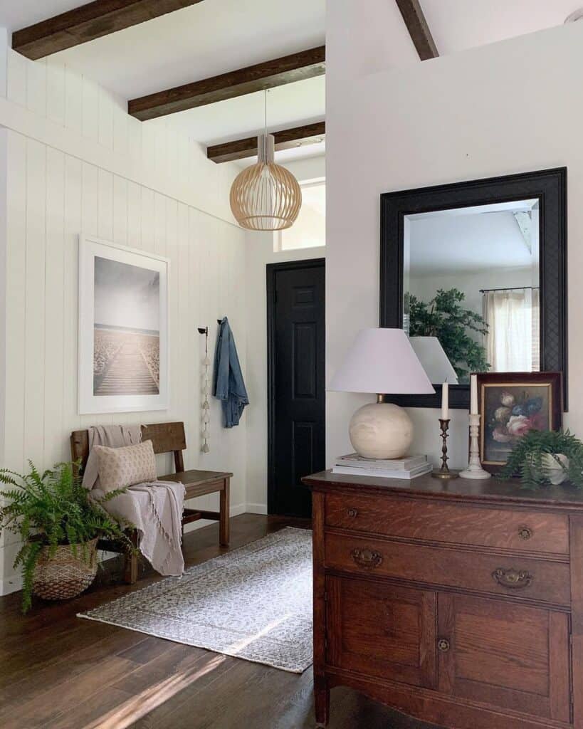 Wood Beam Ceiling in Vertical Shiplap Entryway