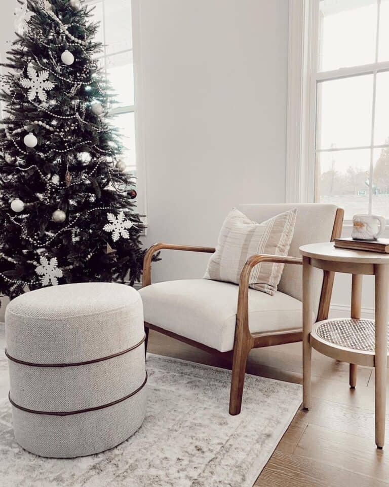 Wood Chair with Gray Pouf