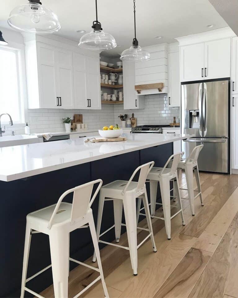 Wood Corner Shelves in White Cabinet Kitchen