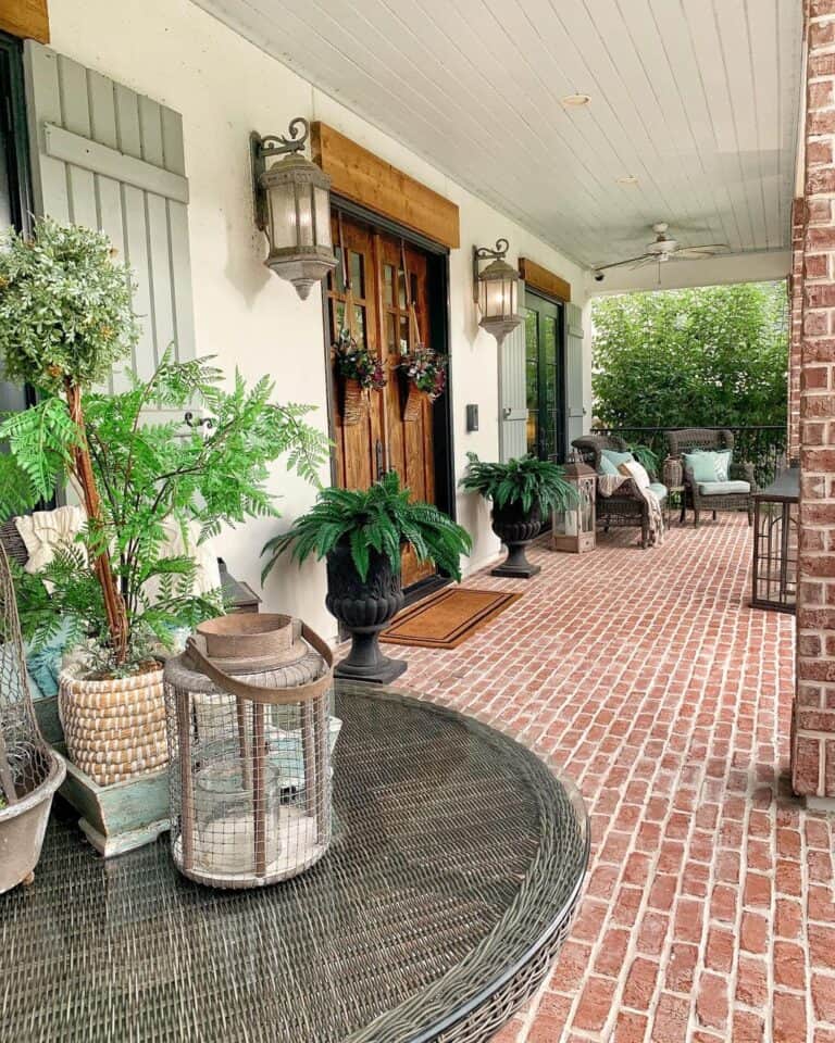 Wood Double Front Doors on Brick Porch