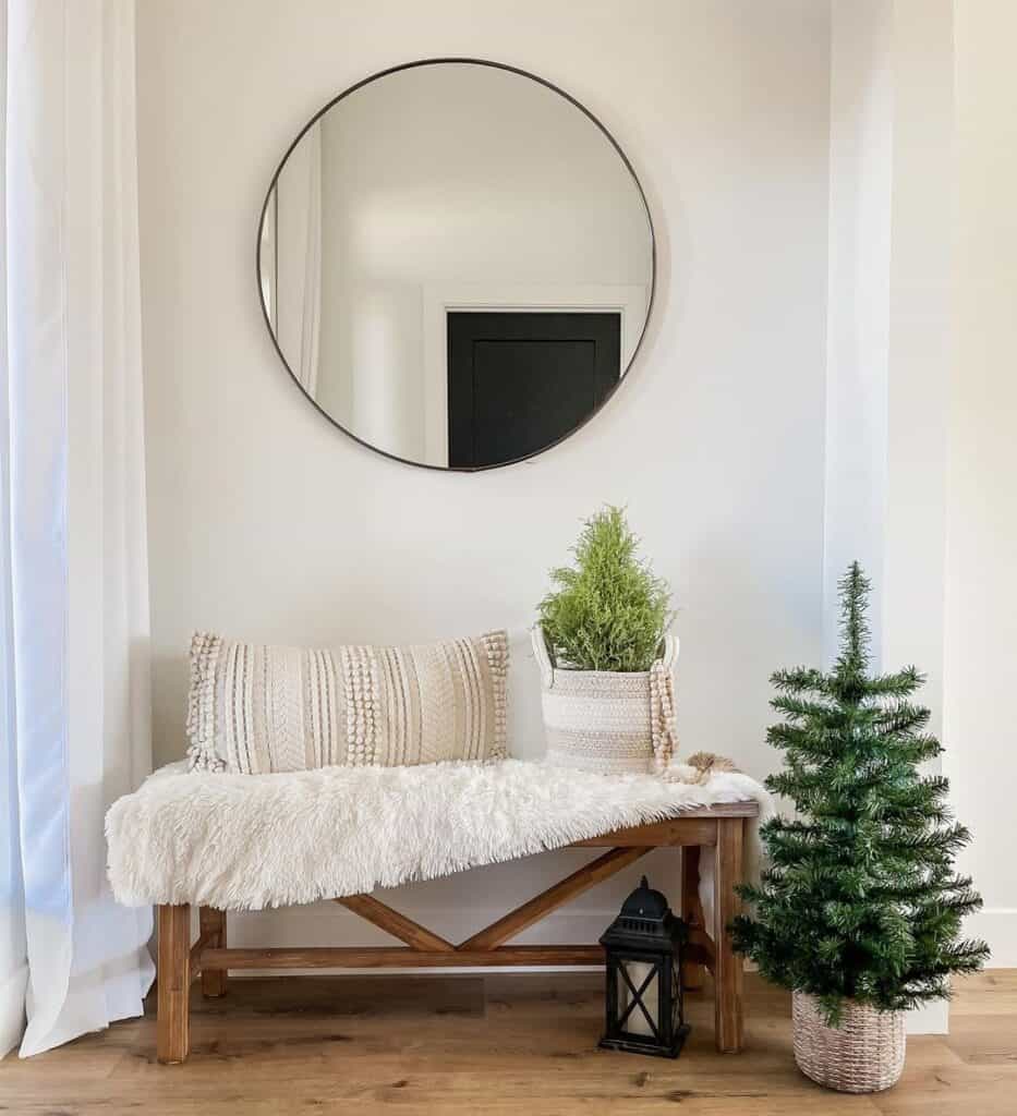 Wood Hallway Bench with Varying Greenery